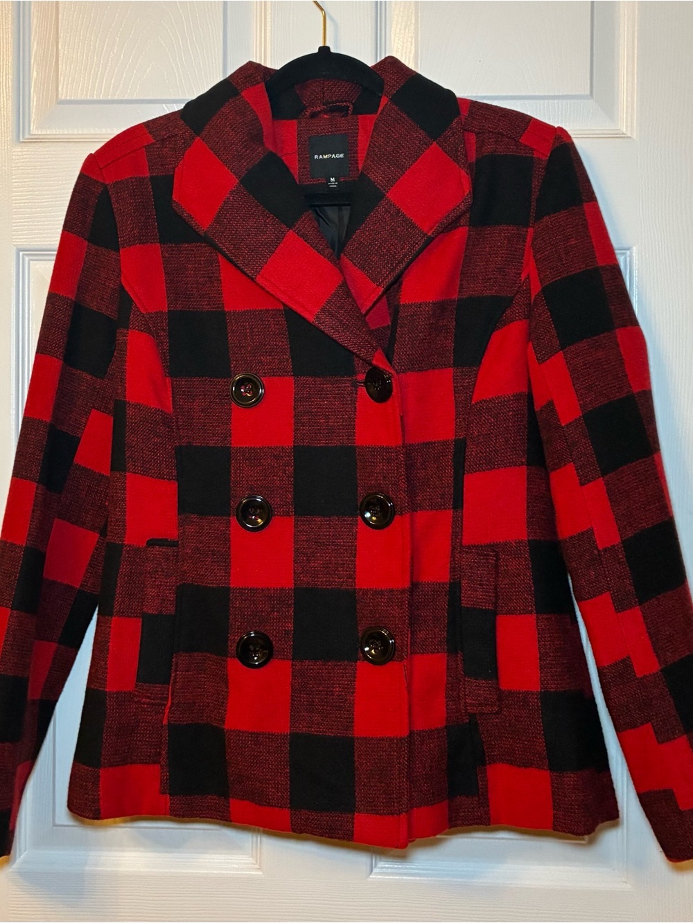 Rampage Women's Buffalo Check Plaid Pea Coat Double Breasted Jacket Size Medium